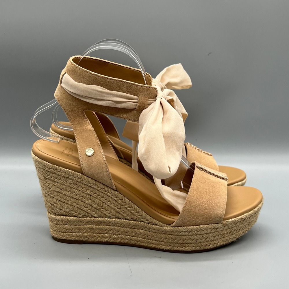 UGG Sandal Women 9 Brown Suede Yarrow Ribbon Tie Espadrille Wedge Platform Shoes